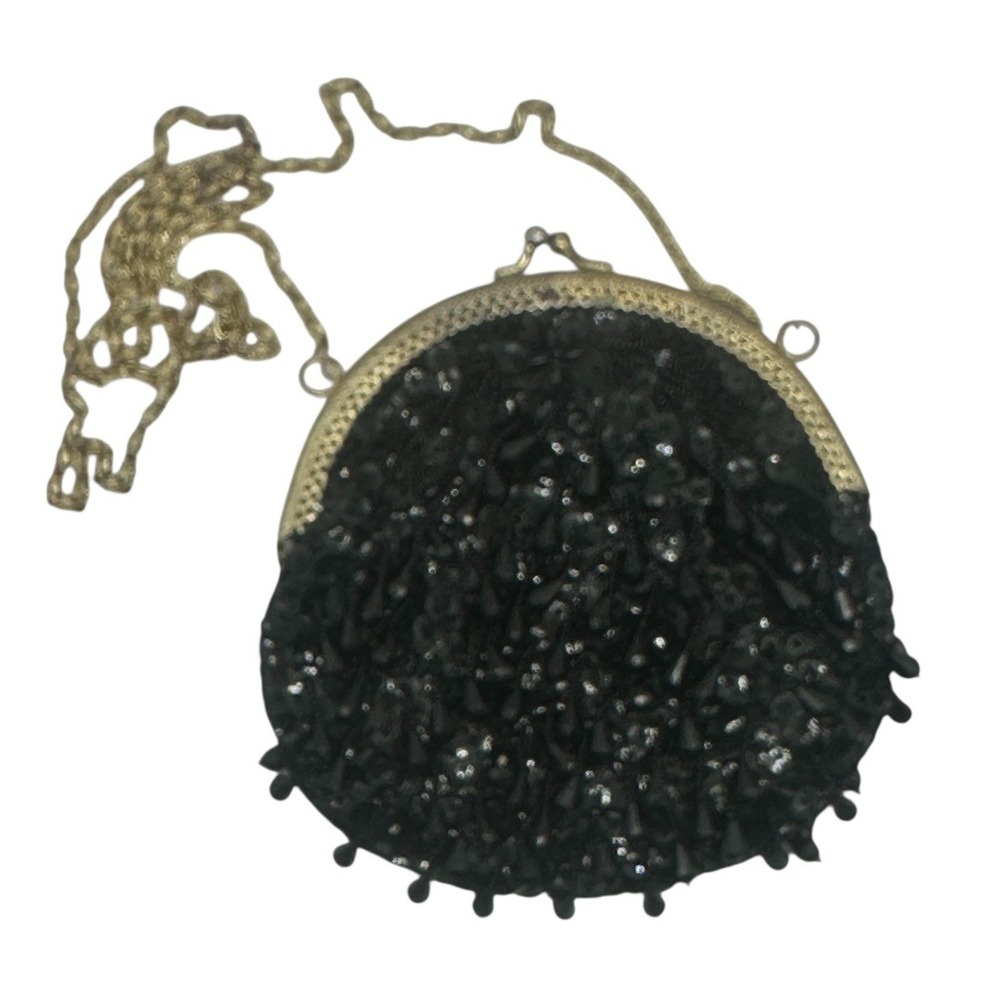 Vintage Black Beaded Sequin Clutch Kiss Lock Evening Bag